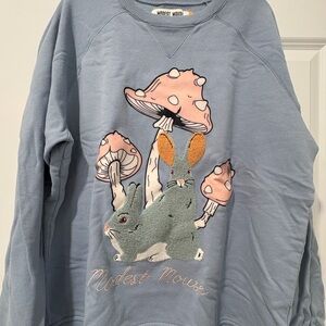 Blue Sweatshirt with Rabbit and Mushroom Design
